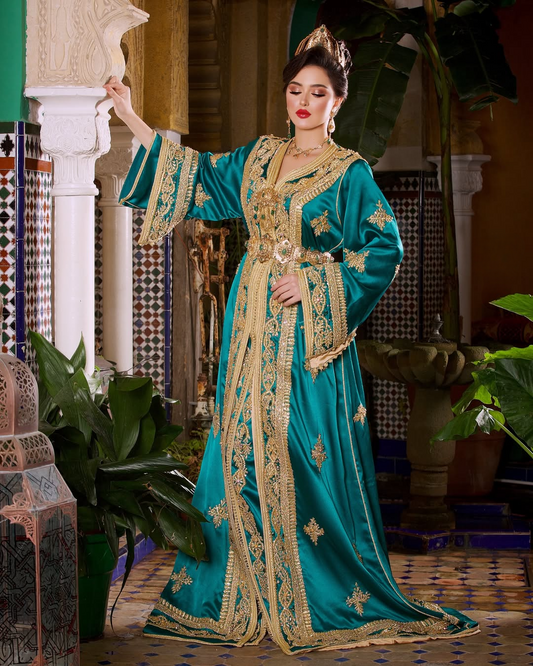 Caftan traditionnelle marocaine - Caftan Turquoise et Doré