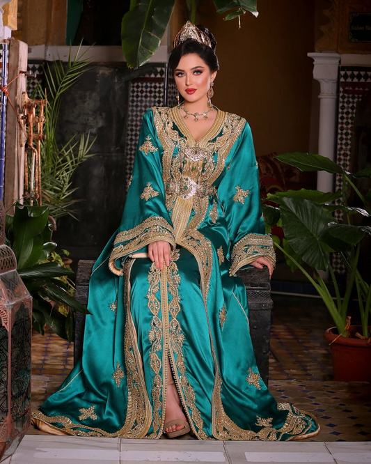 Caftan traditionnelle marocaine - Caftan Turquoise et Doré